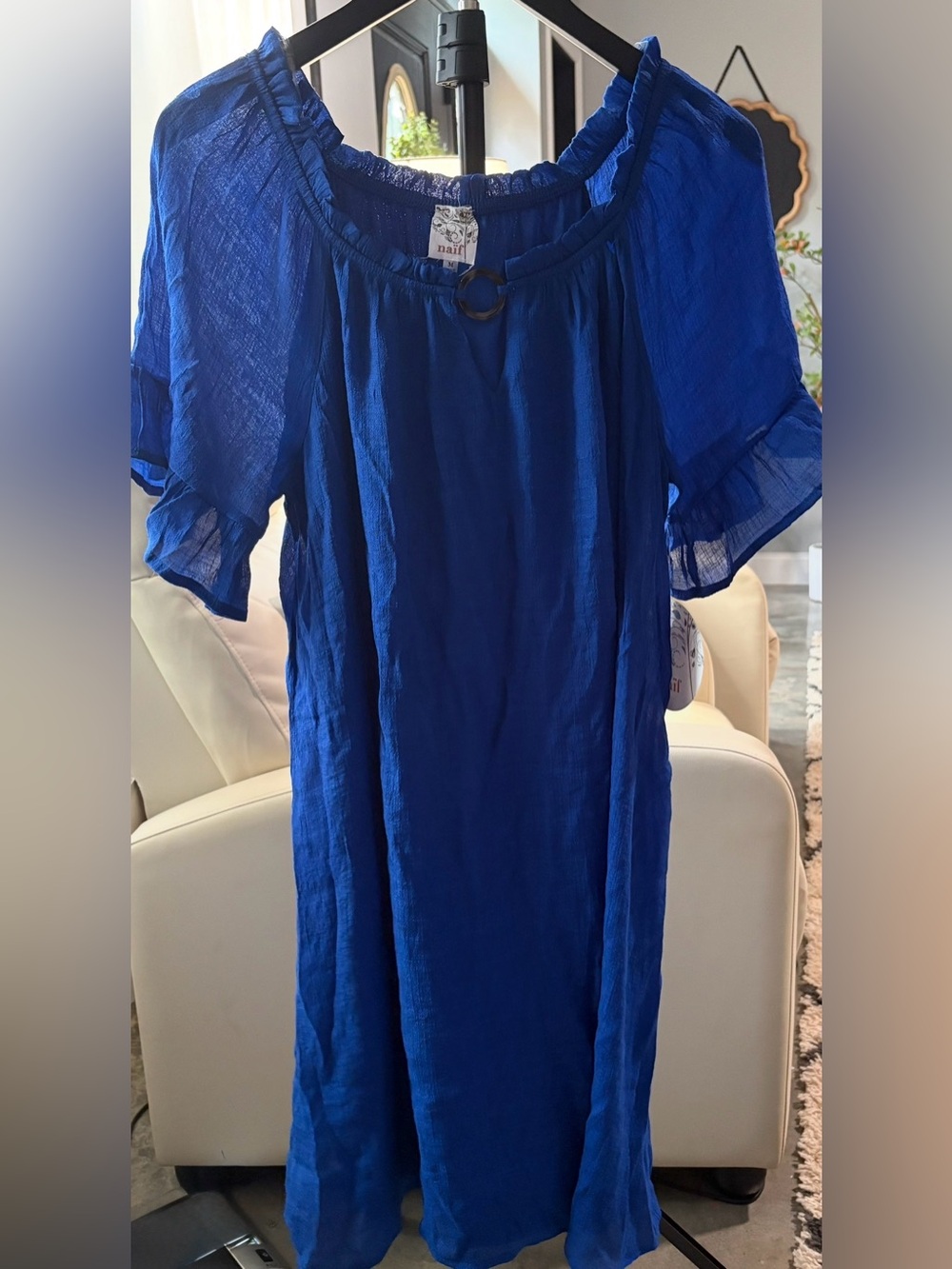 NWT NAIF Cobalt Blue Midi Peasant Dress with Ring Detail